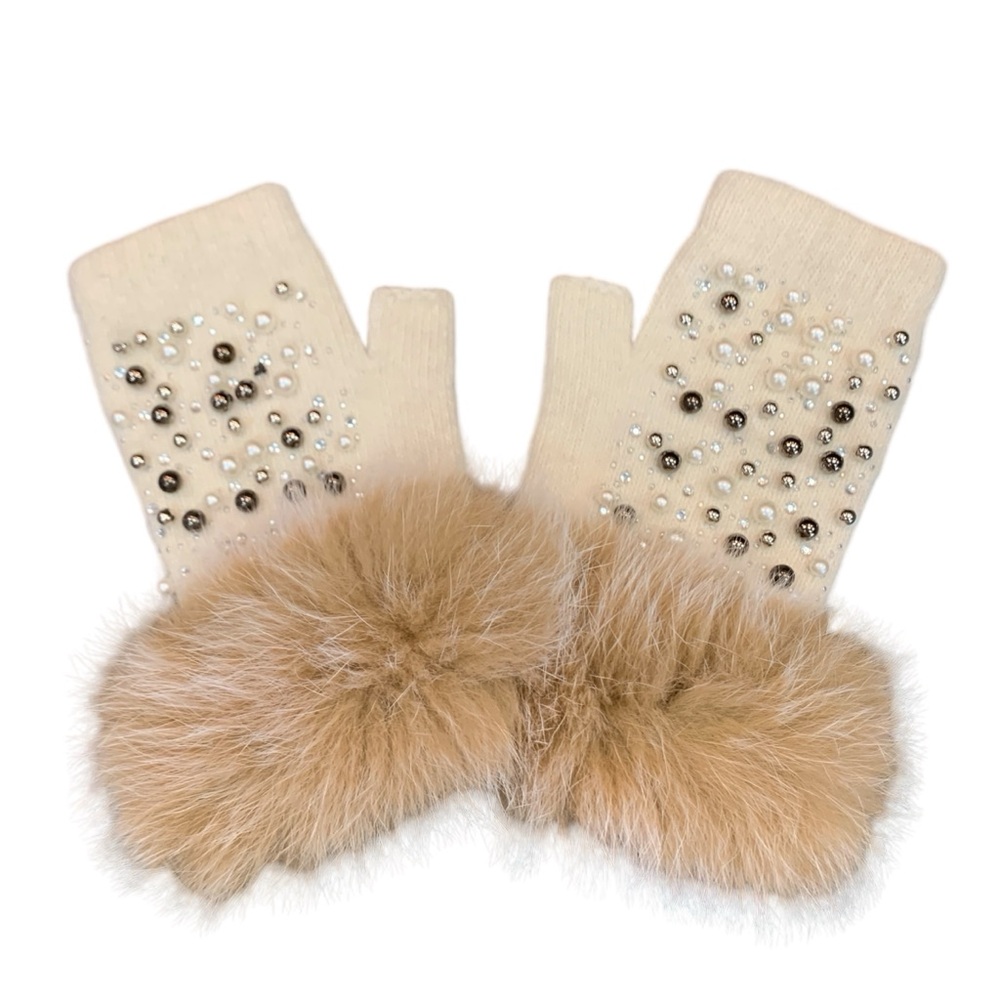 Wool Knitted Gloves with Genuine Fox Fur Trim Pearl Embellished